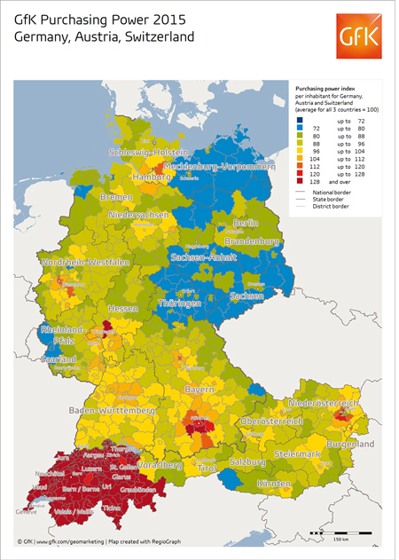 Map of the month: Purchasing power in Germany, Austria and Switzerland 2015