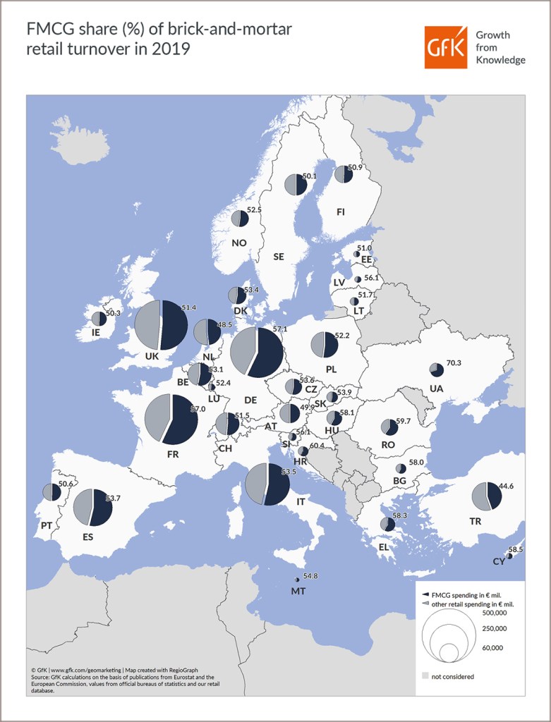 Hero image for Map of the Month: FMCG share of brick-and-mortar retail turnover, Europe 2019