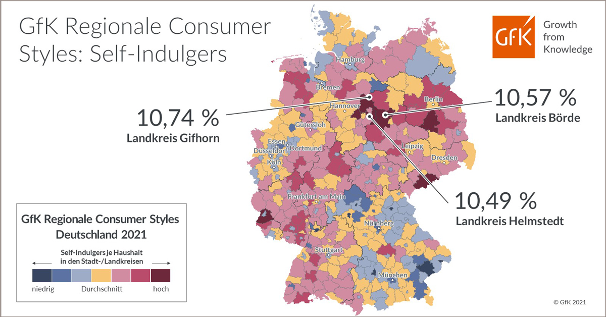 Bild im Inhalt 2 zu Bild des Monats: GfK Regionale Consumer Styles, Self-Indulgers, Deutschland 2021