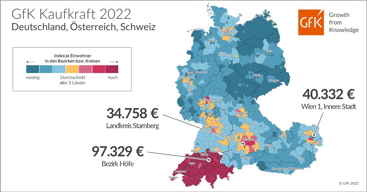 Bild im Inhalt 2 zu Bild des Monats: GfK Kaufkraft Deutschland, Österreich, Schweiz 2022