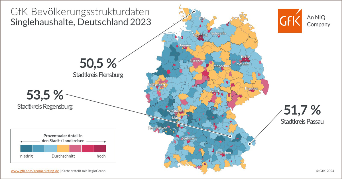 Bild im Inhalt 2 zu Bild des Monats: GfK Bevölkerungsstrukturdaten, Singlehaushalte, Deutschland 2023