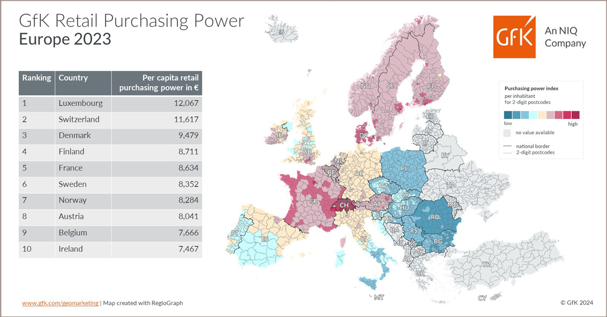 Inline image 1 for Map of the Month: GfK Retail Purchasing Power, Europe 2023