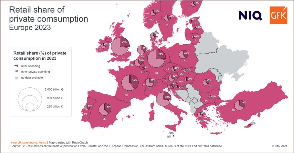 Hero image for Map of the Month: Retail share of private consumption, Europe 2023