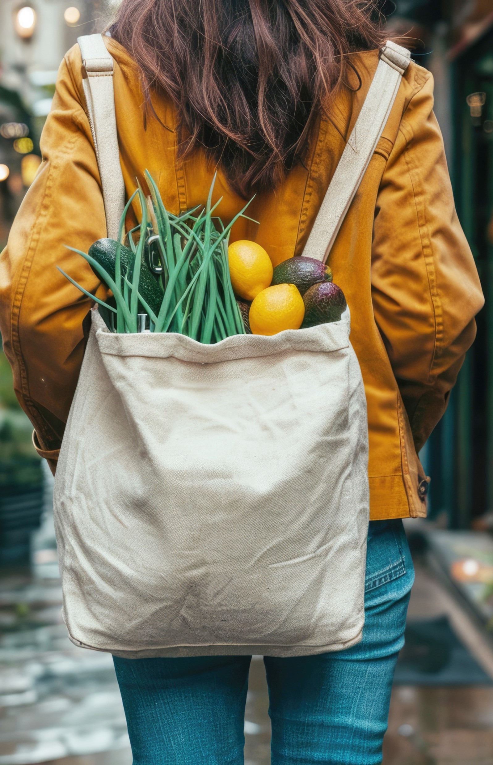 Image of a person wearing a backpack with produce inside