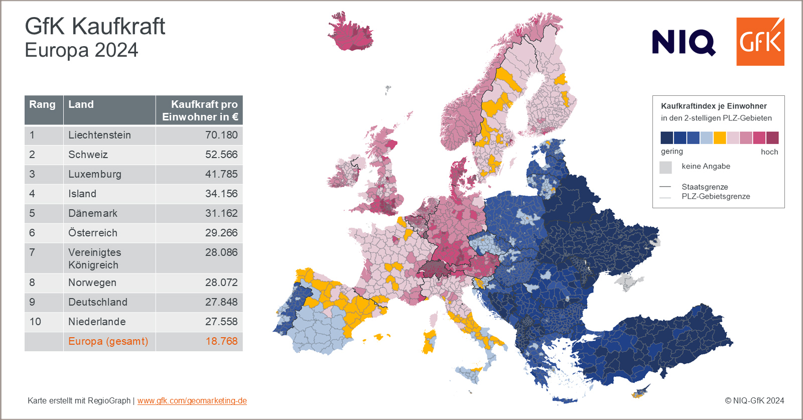 Karte von Europa, die die regionale Verteilung der Kaufkraft 2024 zeigt