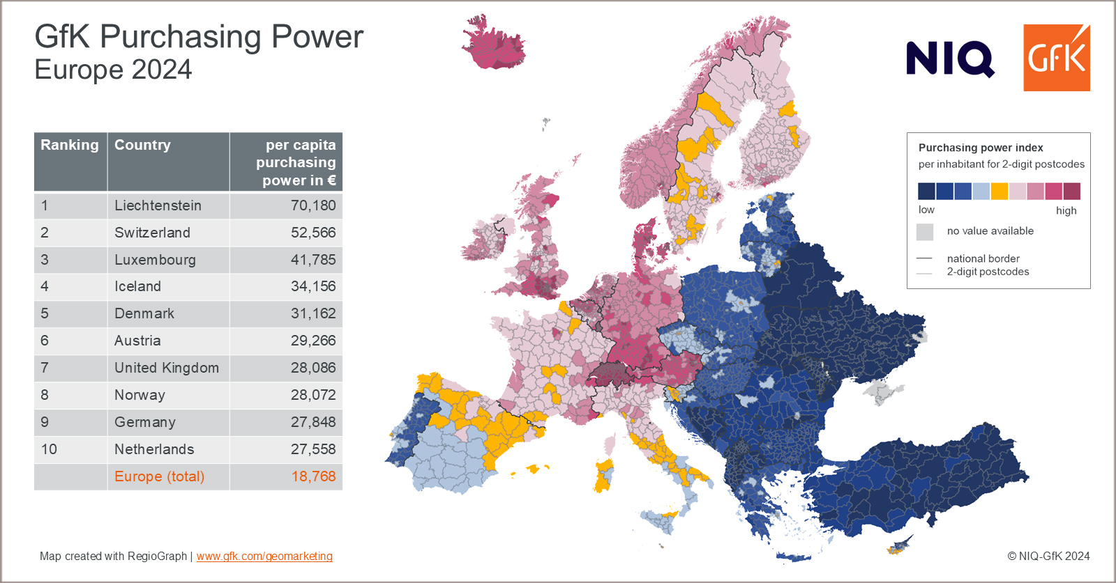 Map of Europe illustrating the regional distribution of 2024 purchasing power in Europe