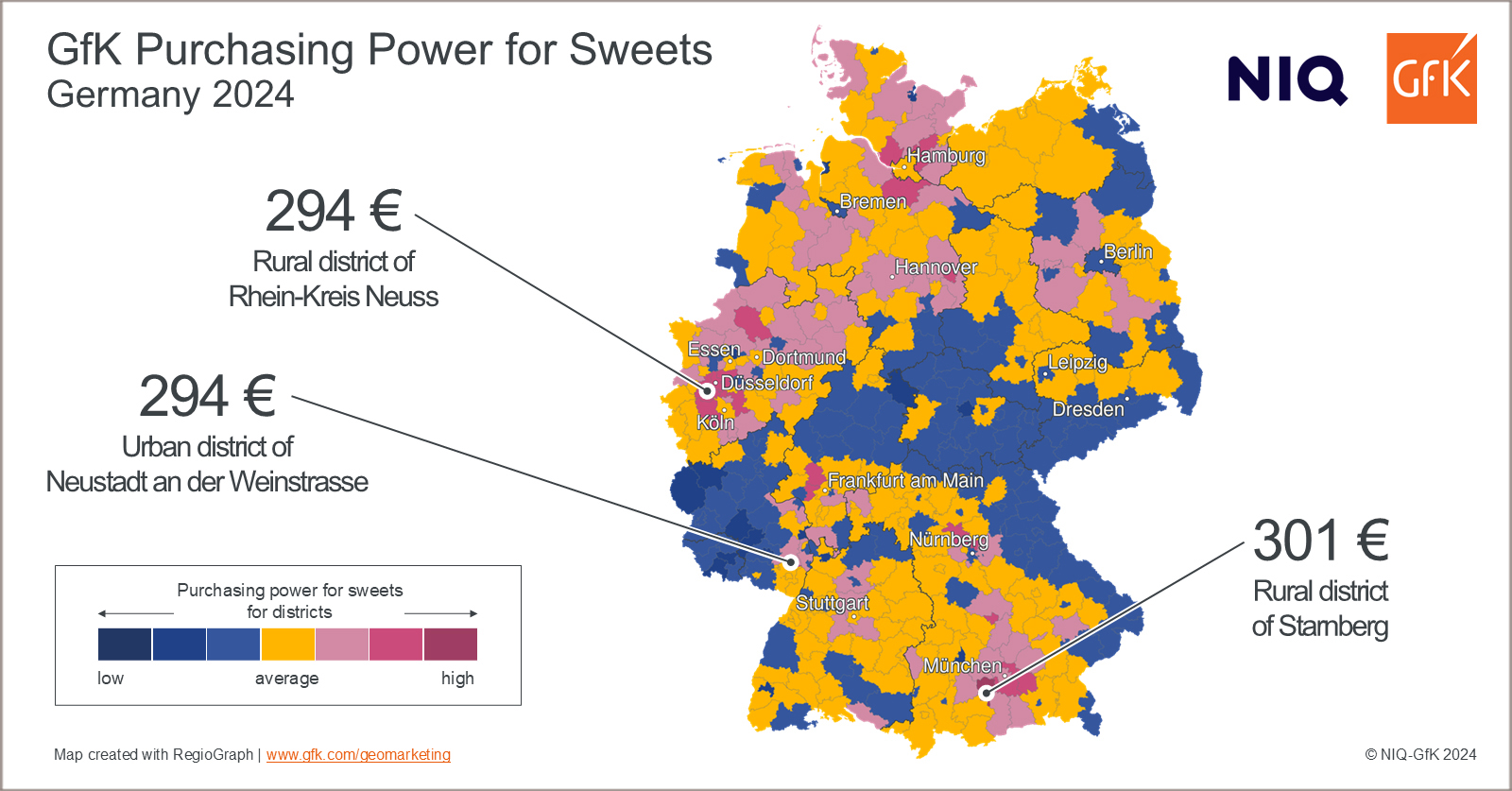 Map of regional distribution of purchasing power for sweets in Germany in 2024