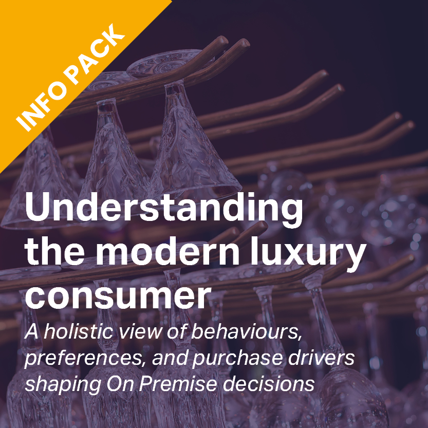 luxury drinks glasses hanging in a bar. Overlay title reads 'INFO PACK. Understanding the modern luxury consumer. A holistic view of behaviours, preferences, and purchase drivers shaping On Premise decisions'